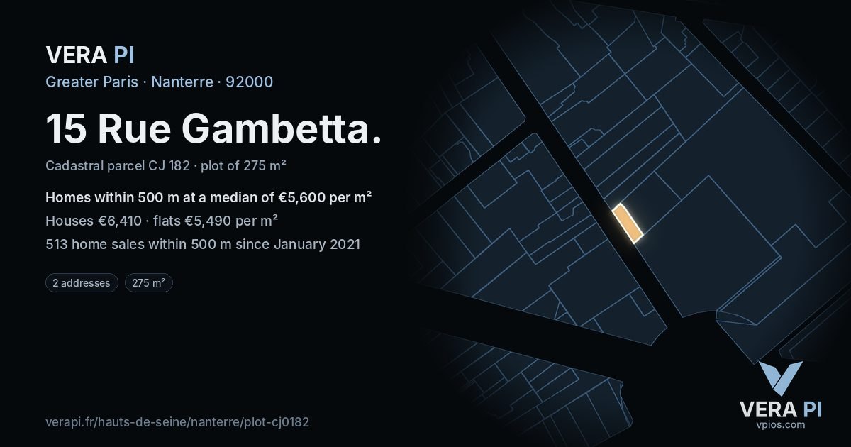 15 Rue Gambetta, Nanterre at night – the plot lit, the parcels around coloured by the prices near them