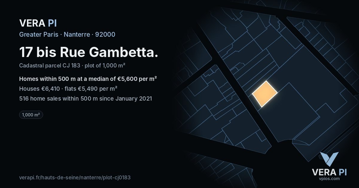 17 bis Rue Gambetta, Nanterre at night – the plot lit, the parcels around coloured by the prices near them