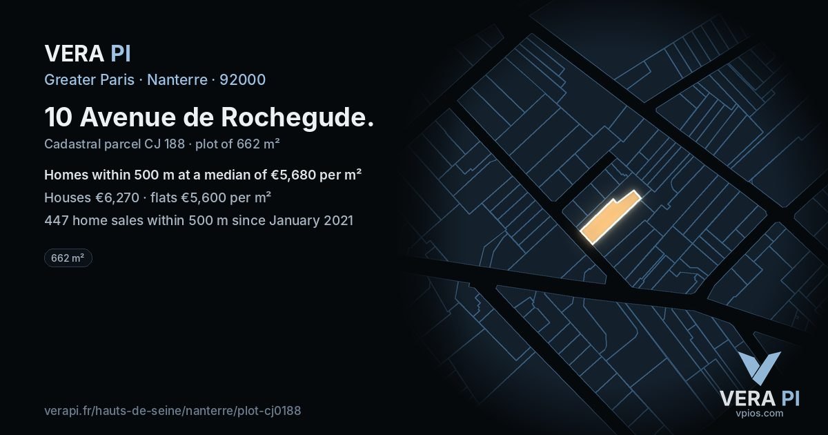 10 Avenue de Rochegude, Nanterre at night – the plot lit, the parcels around coloured by the prices near them