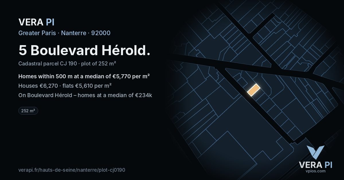 5 Boulevard Hérold, Nanterre at night – the plot lit, the parcels around coloured by the prices near them