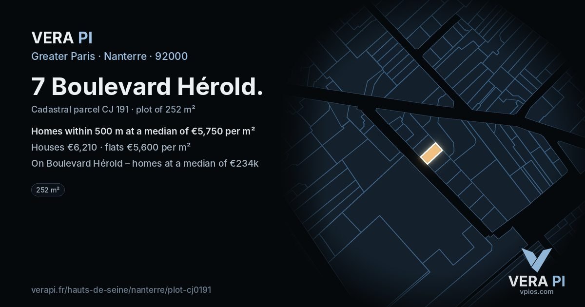 7 Boulevard Hérold, Nanterre at night – the plot lit, the parcels around coloured by the prices near them