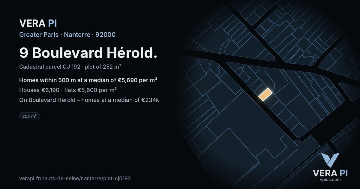 9 Boulevard Hérold, Nanterre at night – the plot lit, the parcels around coloured by the prices near them