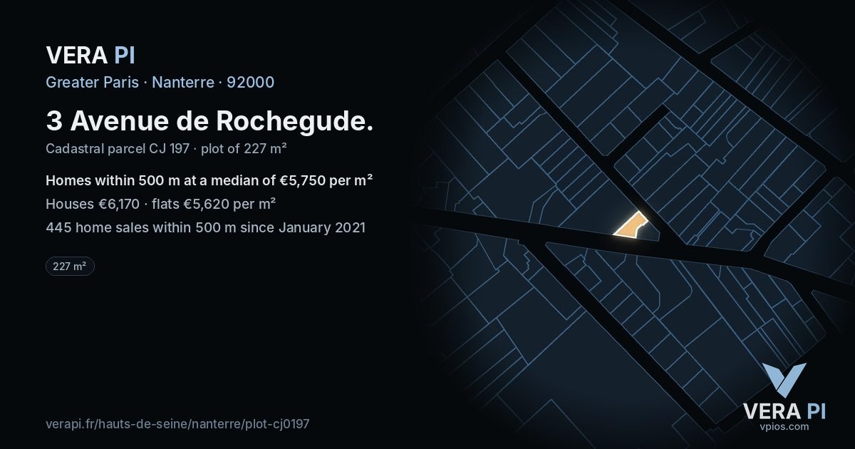 3 Avenue de Rochegude, Nanterre at night – the plot lit, the parcels around coloured by the prices near them