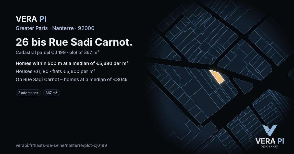 26 bis Rue Sadi Carnot, Nanterre at night – the plot lit, the parcels around coloured by the prices near them
