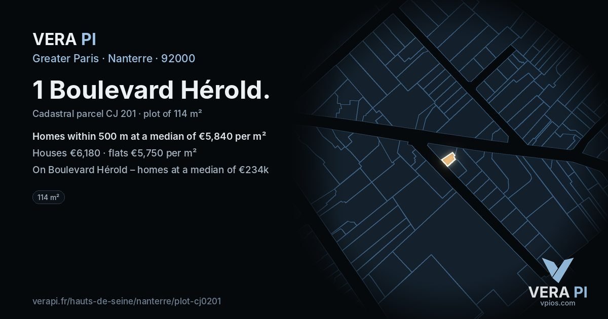 1 Boulevard Hérold, Nanterre at night – the plot lit, the parcels around coloured by the prices near them