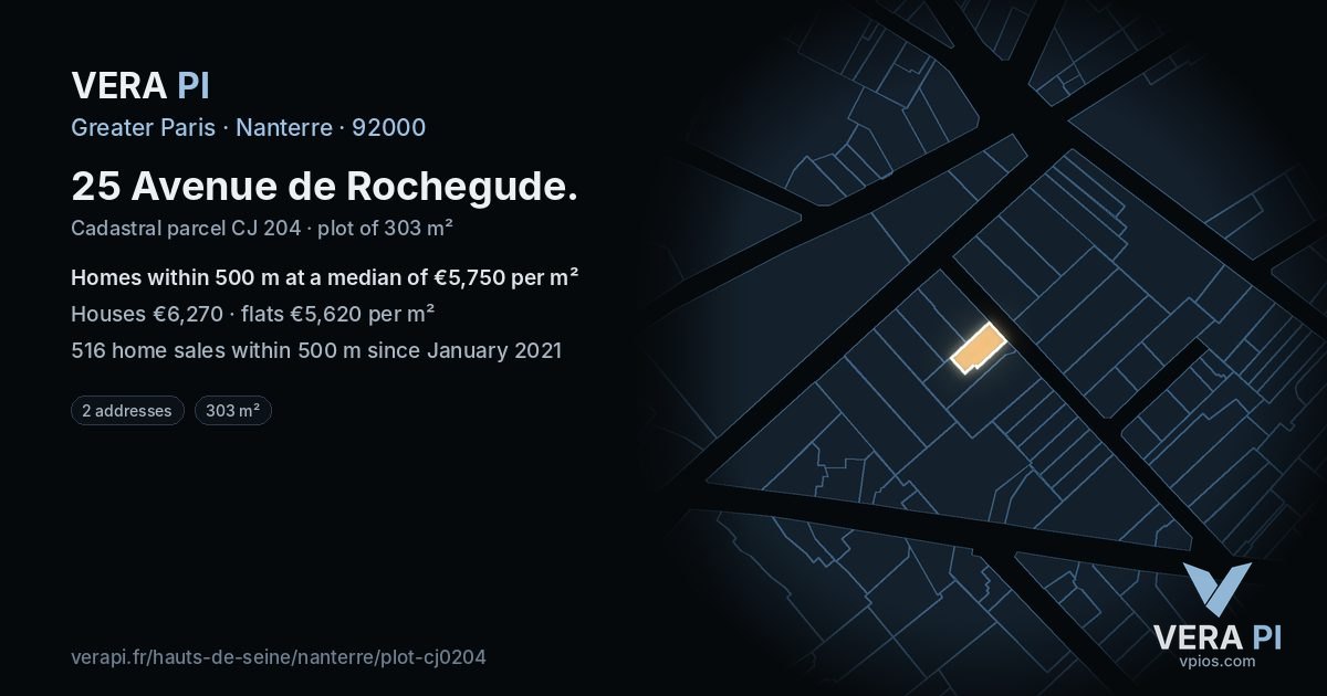 25 Avenue de Rochegude, Nanterre at night – the plot lit, the parcels around coloured by the prices near them