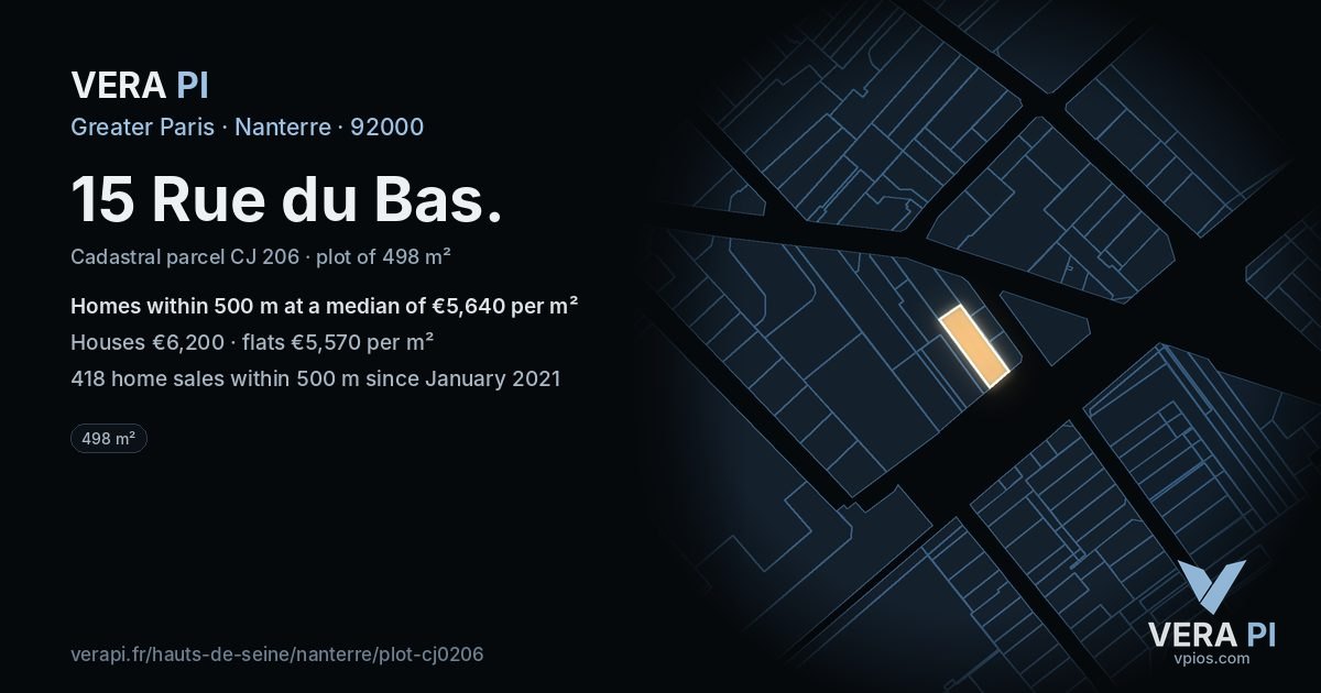 15 Rue du Bas, Nanterre at night – the plot lit, the parcels around coloured by the prices near them