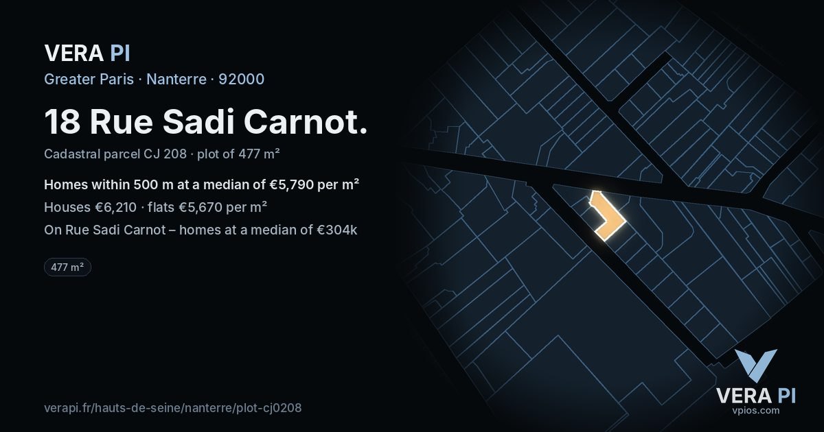 18 Rue Sadi Carnot, Nanterre at night – the plot lit, the parcels around coloured by the prices near them