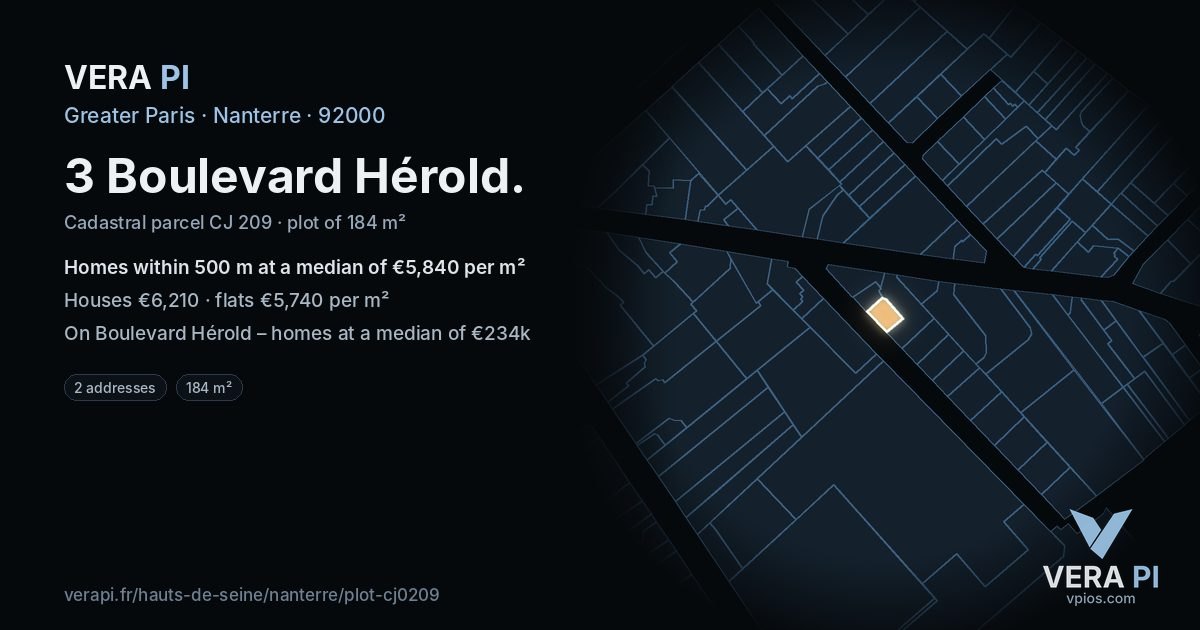 3 Boulevard Hérold, Nanterre at night – the plot lit, the parcels around coloured by the prices near them