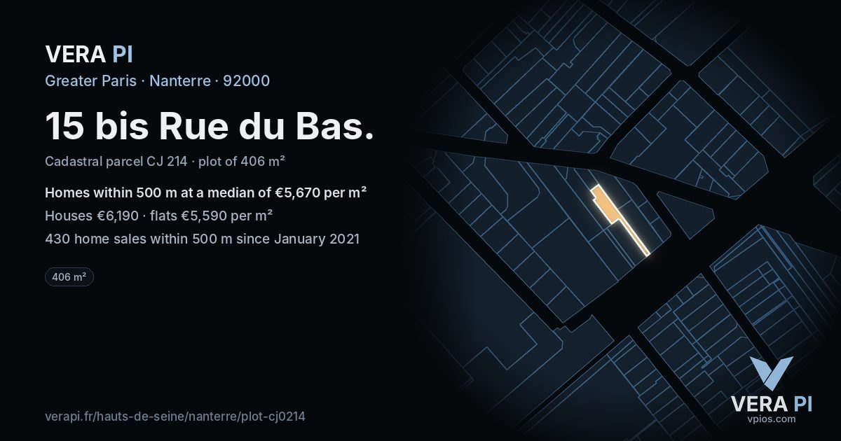 15 bis Rue du Bas, Nanterre at night – the plot lit, the parcels around coloured by the prices near them