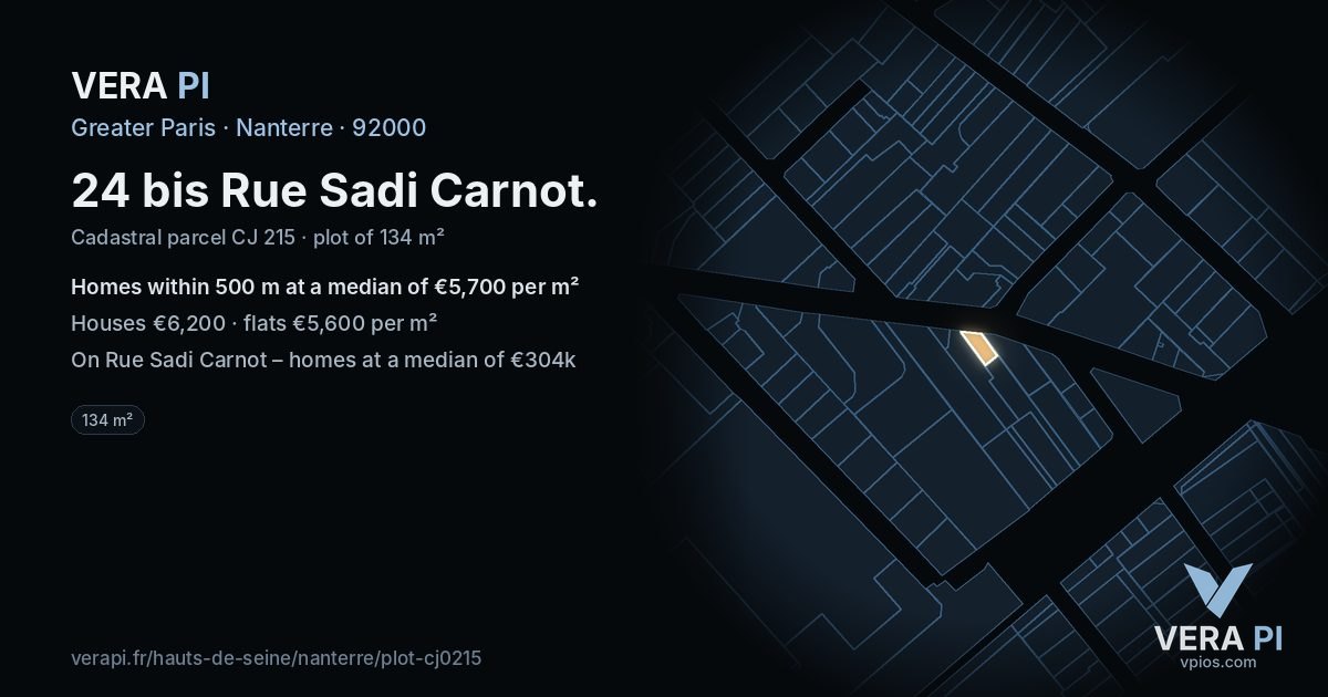 24 bis Rue Sadi Carnot, Nanterre at night – the plot lit, the parcels around coloured by the prices near them