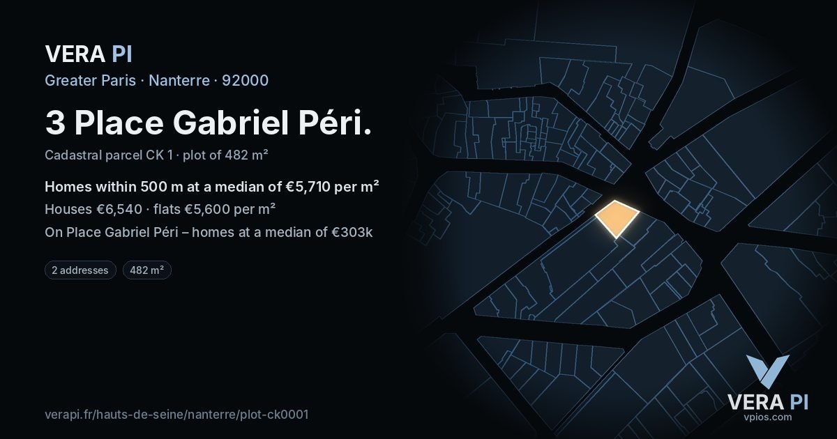 3 Place Gabriel Péri, Nanterre at night – the plot lit, the parcels around coloured by the prices near them
