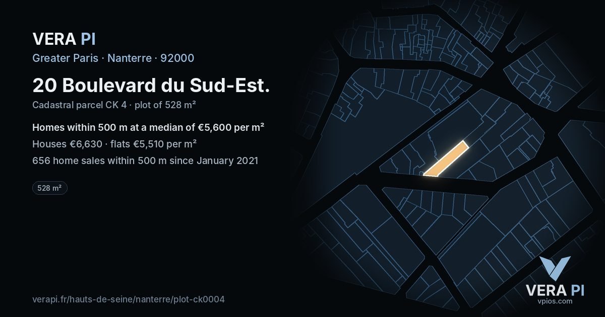 20 Boulevard du Sud-Est, Nanterre at night – the plot lit, the parcels around coloured by the prices near them