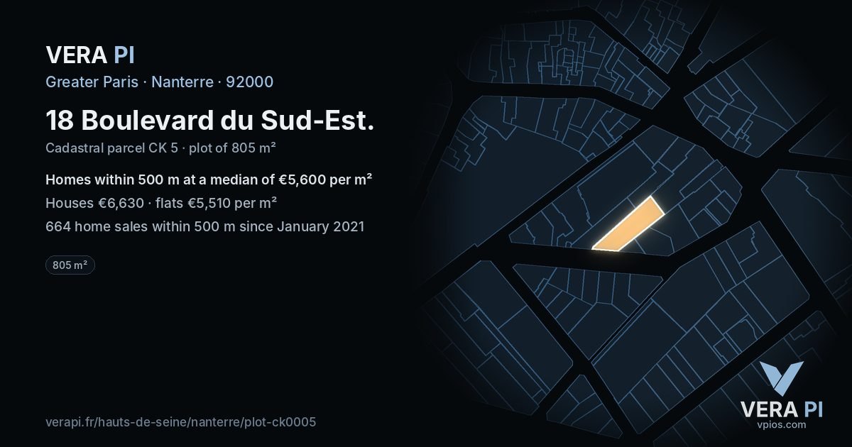 18 Boulevard du Sud-Est, Nanterre at night – the plot lit, the parcels around coloured by the prices near them