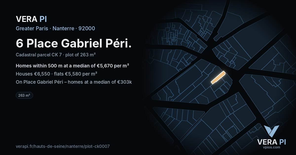 6 Place Gabriel Péri, Nanterre at night – the plot lit, the parcels around coloured by the prices near them