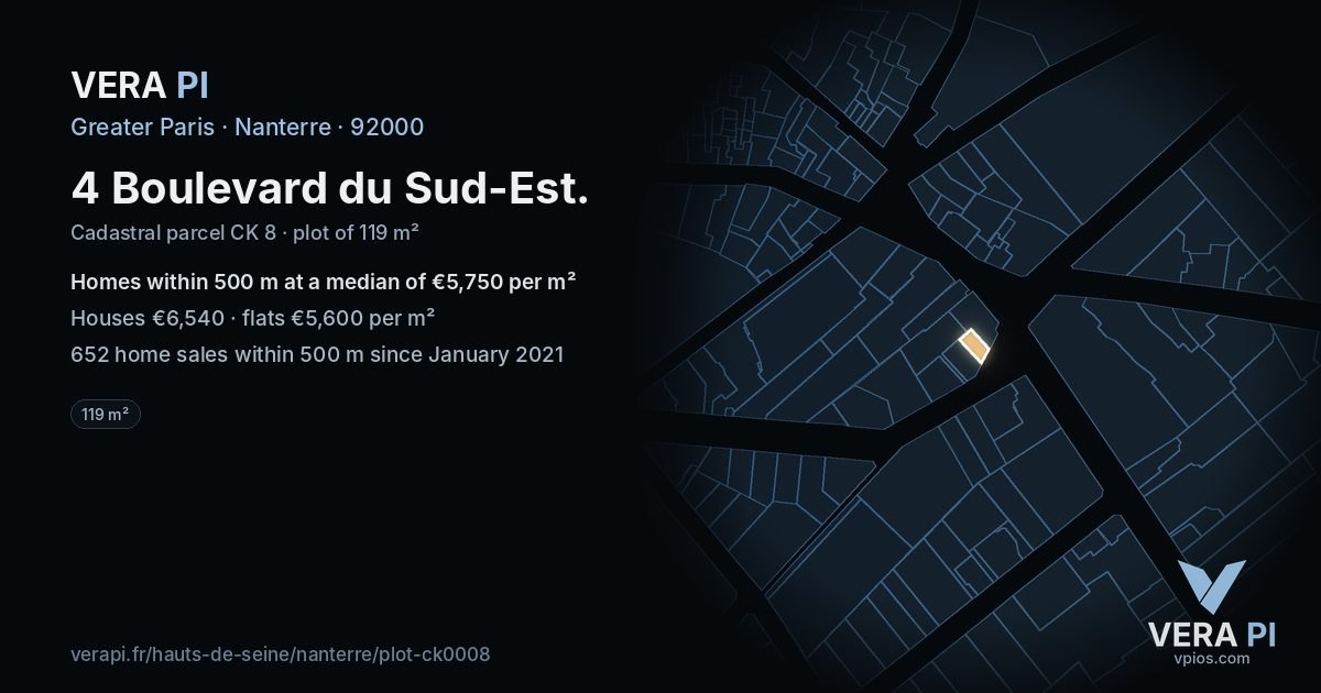 4 Boulevard du Sud-Est, Nanterre at night – the plot lit, the parcels around coloured by the prices near them