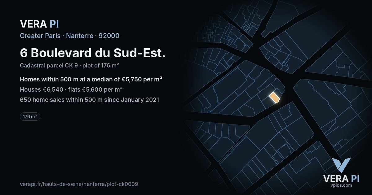 6 Boulevard du Sud-Est, Nanterre at night – the plot lit, the parcels around coloured by the prices near them
