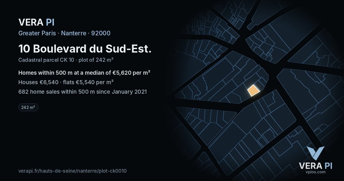 10 Boulevard du Sud-Est, Nanterre at night – the plot lit, the parcels around coloured by the prices near them