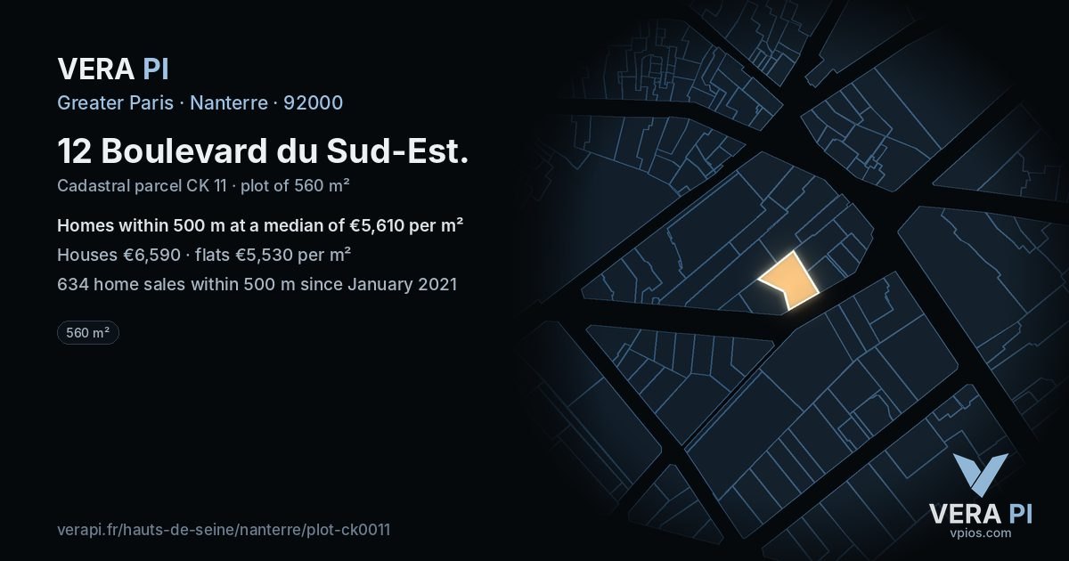 12 Boulevard du Sud-Est, Nanterre at night – the plot lit, the parcels around coloured by the prices near them