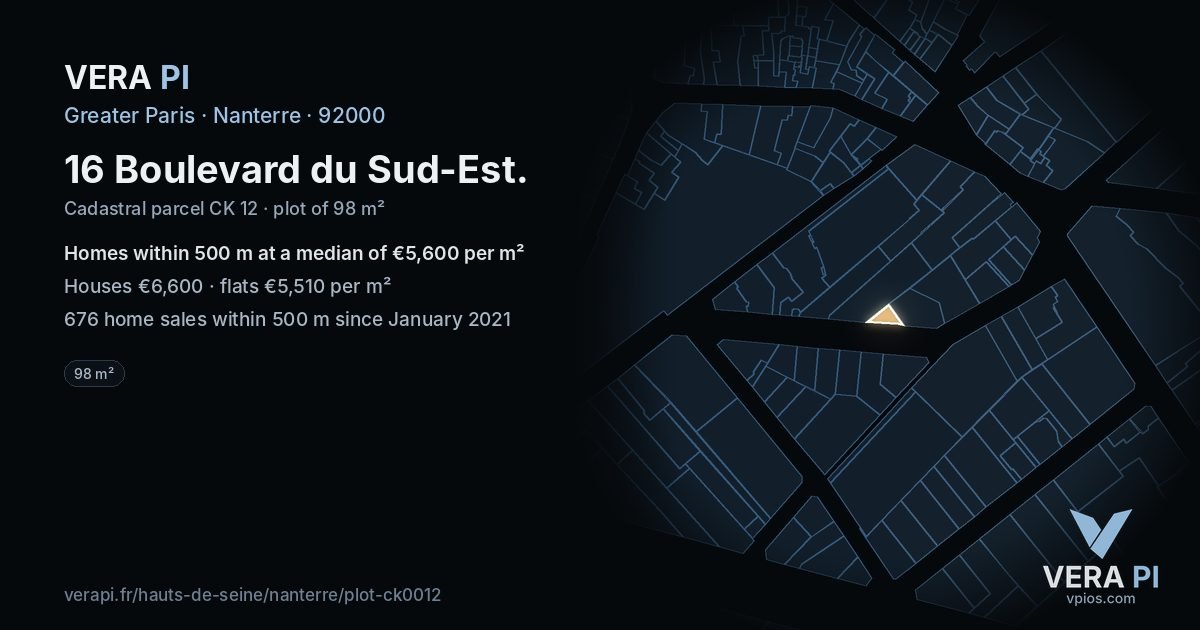 16 Boulevard du Sud-Est, Nanterre at night – the plot lit, the parcels around coloured by the prices near them
