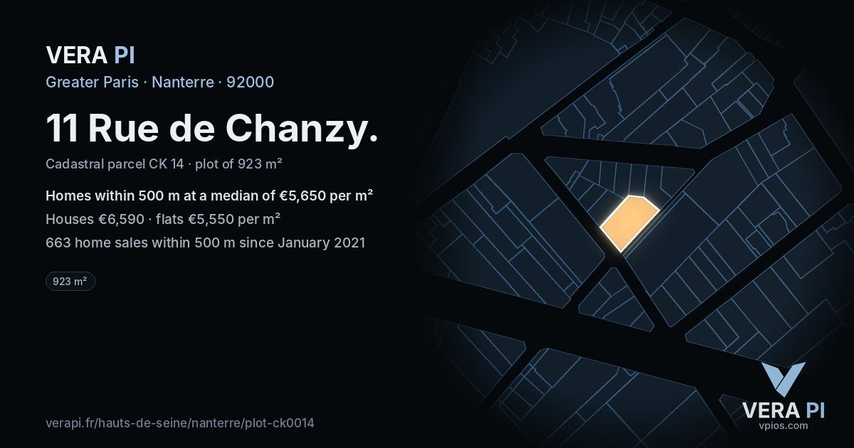 11 Rue de Chanzy, Nanterre at night – the plot lit, the parcels around coloured by the prices near them