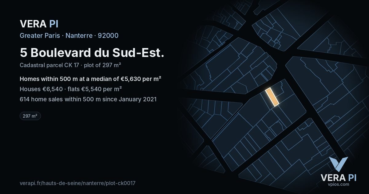 5 Boulevard du Sud-Est, Nanterre at night – the plot lit, the parcels around coloured by the prices near them