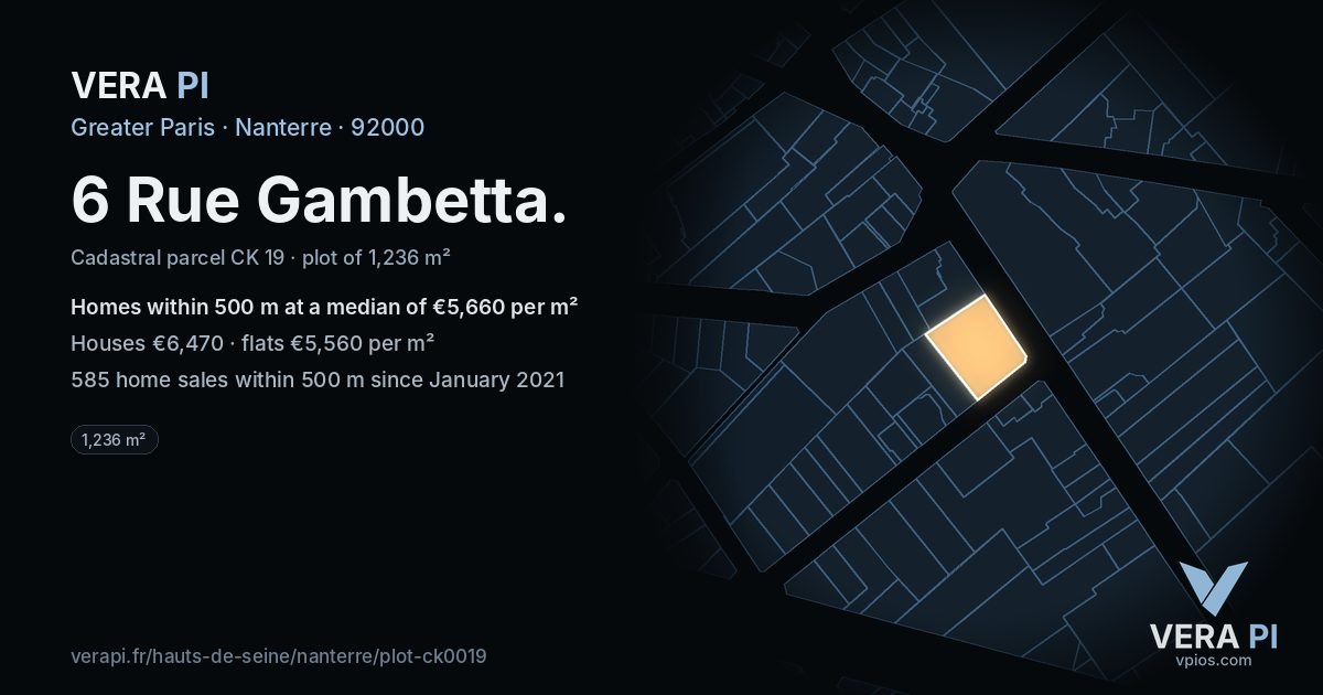 6 Rue Gambetta, Nanterre at night – the plot lit, the parcels around coloured by the prices near them