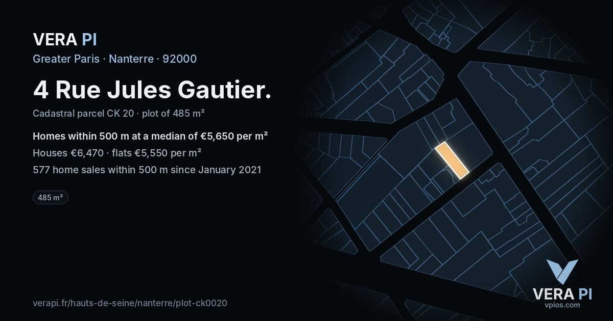 4 Rue Jules Gautier, Nanterre at night – the plot lit, the parcels around coloured by the prices near them