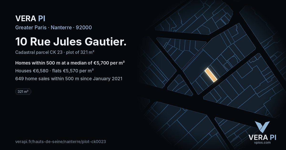 10 Rue Jules Gautier, Nanterre at night – the plot lit, the parcels around coloured by the prices near them