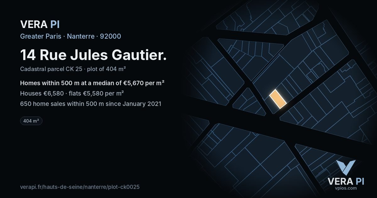 14 Rue Jules Gautier, Nanterre at night – the plot lit, the parcels around coloured by the prices near them