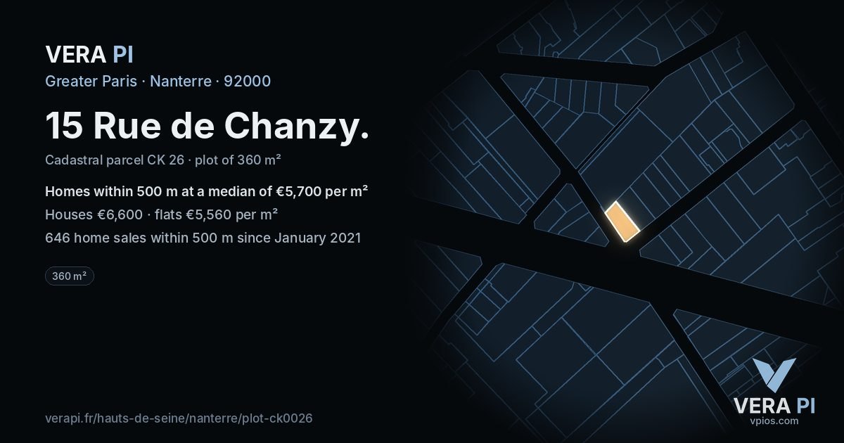 15 Rue de Chanzy, Nanterre at night – the plot lit, the parcels around coloured by the prices near them