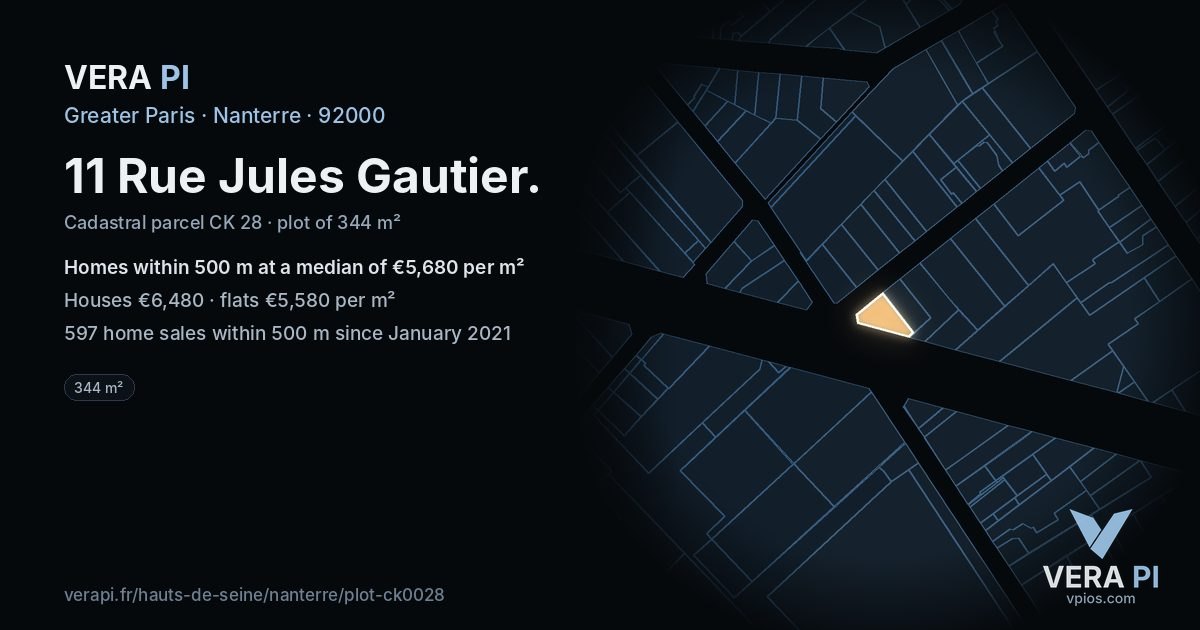 11 Rue Jules Gautier, Nanterre at night – the plot lit, the parcels around coloured by the prices near them