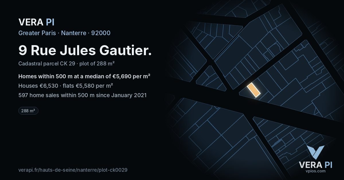 9 Rue Jules Gautier, Nanterre at night – the plot lit, the parcels around coloured by the prices near them