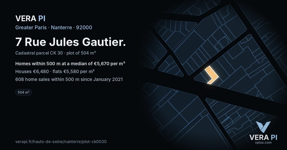 7 Rue Jules Gautier, Nanterre at night – the plot lit, the parcels around coloured by the prices near them