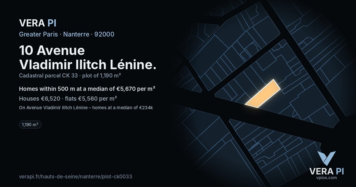 10 Avenue Vladimir Ilitch Lénine, Nanterre at night – the plot lit, the parcels around coloured by the prices near them