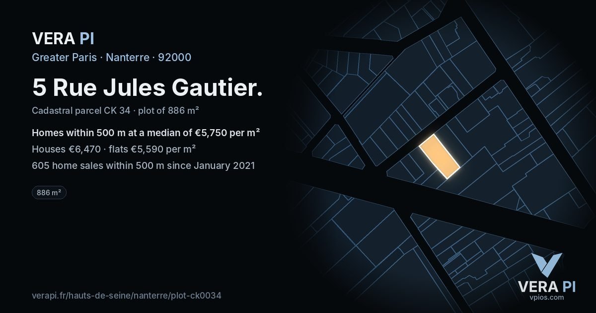 5 Rue Jules Gautier, Nanterre at night – the plot lit, the parcels around coloured by the prices near them