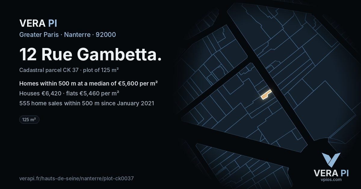 12 Rue Gambetta, Nanterre at night – the plot lit, the parcels around coloured by the prices near them