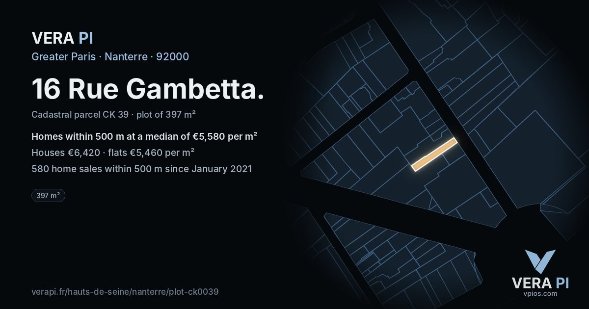 16 Rue Gambetta, Nanterre at night – the plot lit, the parcels around coloured by the prices near them