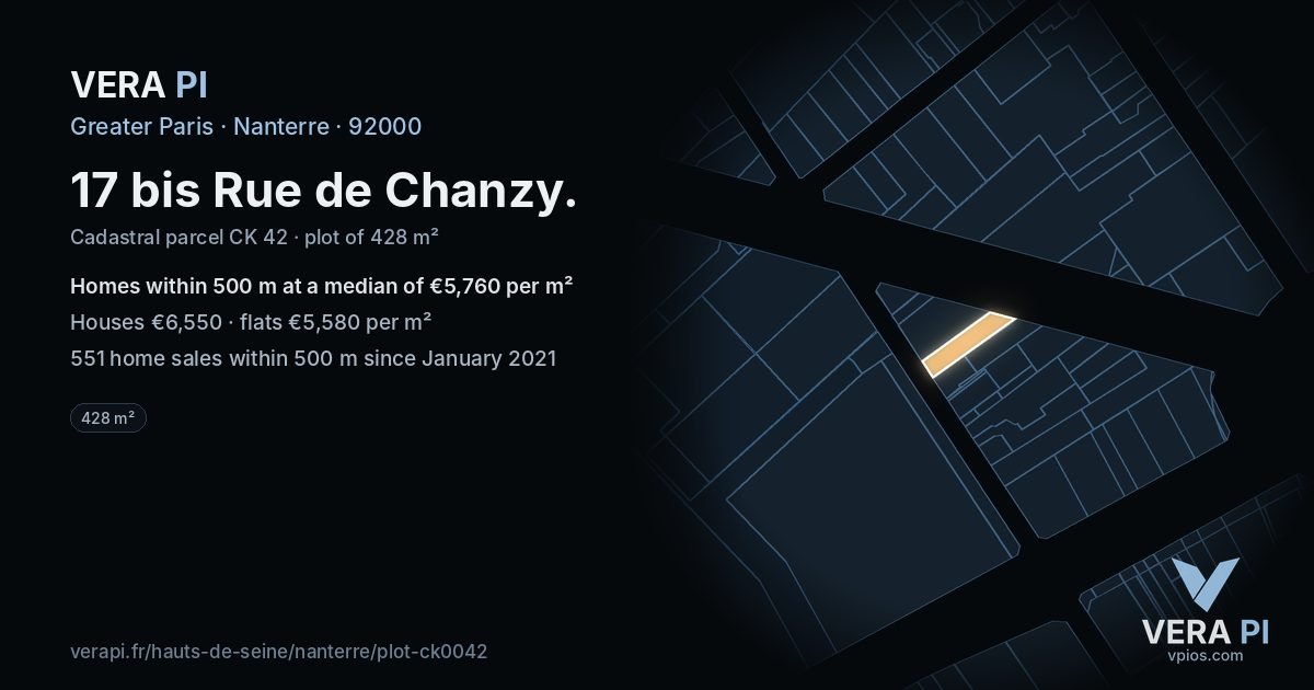 17 bis Rue de Chanzy, Nanterre at night – the plot lit, the parcels around coloured by the prices near them