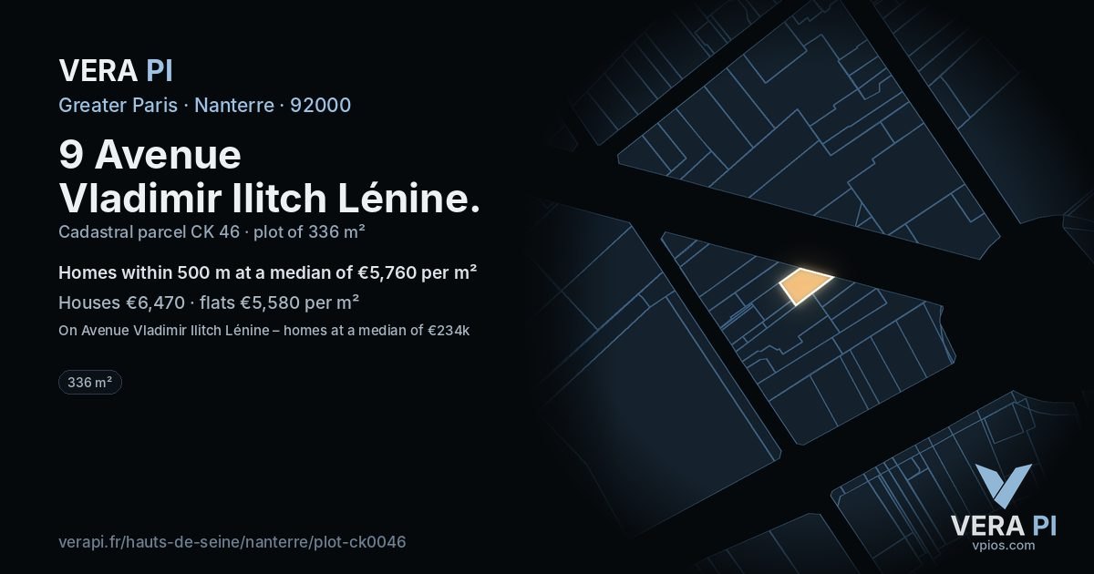 9 Avenue Vladimir Ilitch Lénine, Nanterre at night – the plot lit, the parcels around coloured by the prices near them