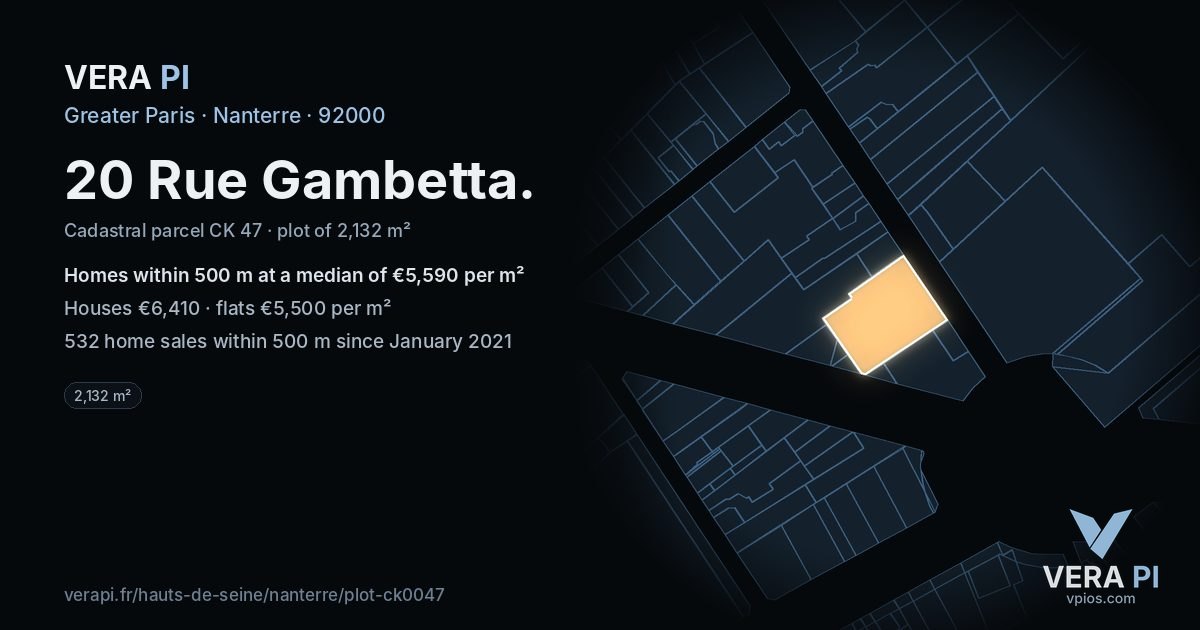 20 Rue Gambetta, Nanterre at night – the plot lit, the parcels around coloured by the prices near them