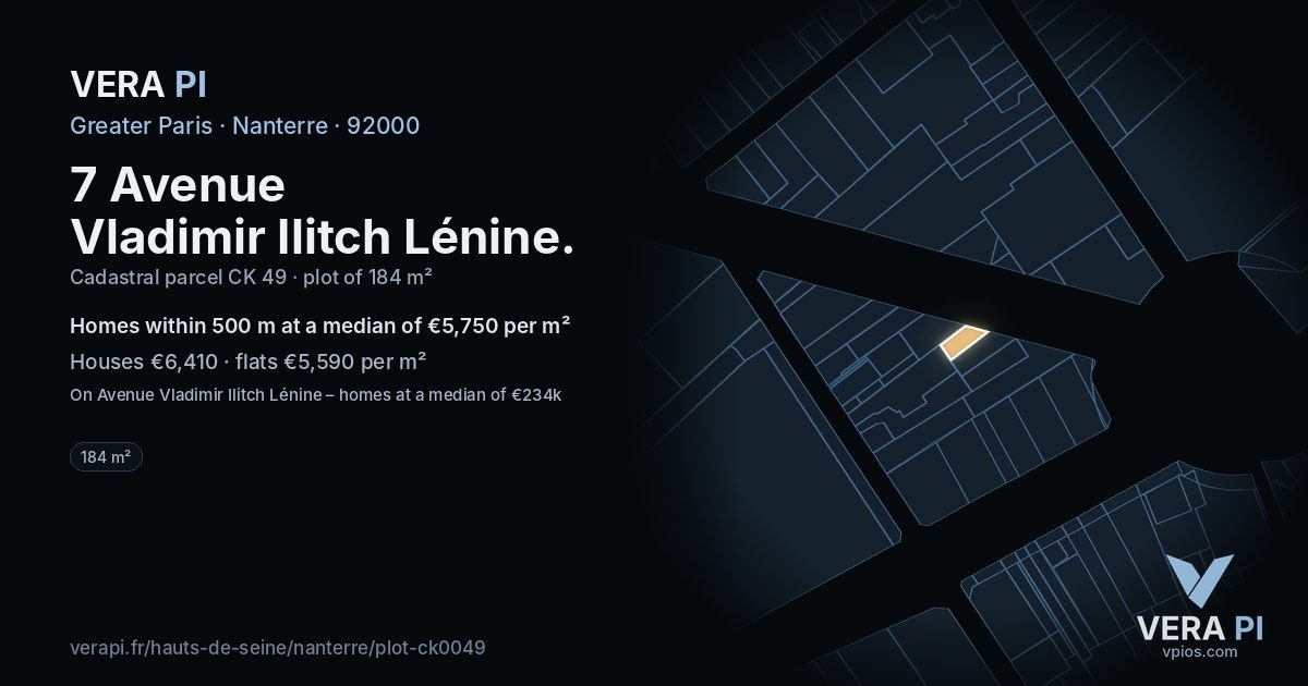 7 Avenue Vladimir Ilitch Lénine, Nanterre at night – the plot lit, the parcels around coloured by the prices near them