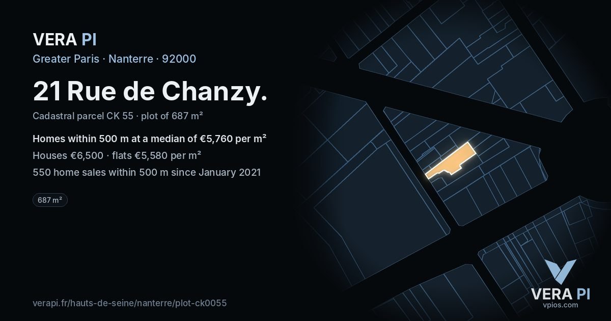 21 Rue de Chanzy, Nanterre at night – the plot lit, the parcels around coloured by the prices near them