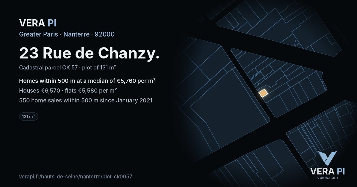 23 Rue de Chanzy, Nanterre at night – the plot lit, the parcels around coloured by the prices near them
