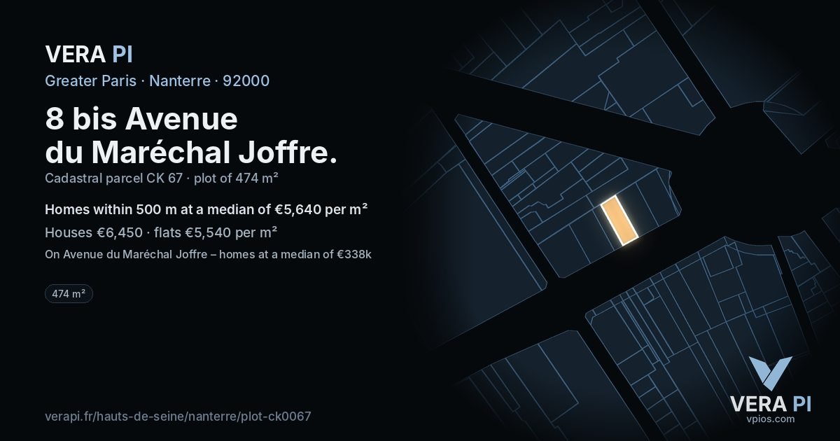 8 bis Avenue du Maréchal Joffre, Nanterre at night – the plot lit, the parcels around coloured by the prices near them
