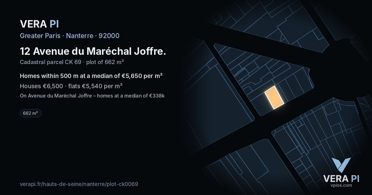 12 Avenue du Maréchal Joffre, Nanterre at night – the plot lit, the parcels around coloured by the prices near them