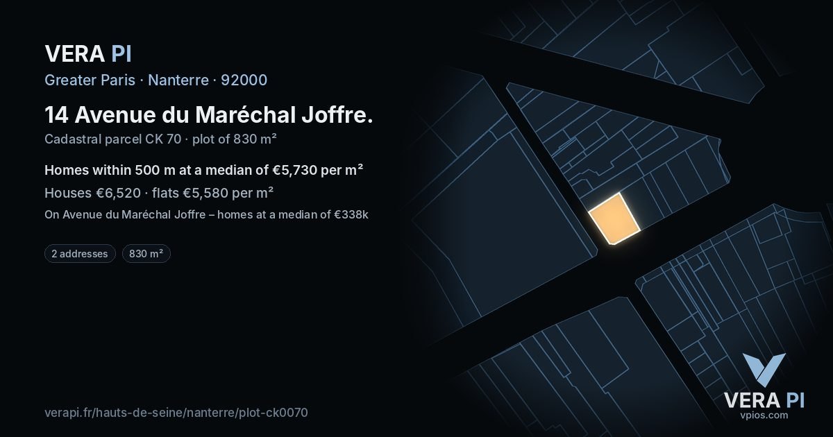 14 Avenue du Maréchal Joffre, Nanterre at night – the plot lit, the parcels around coloured by the prices near them