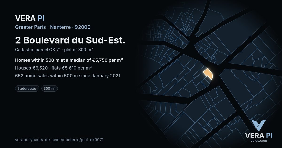 2 Boulevard du Sud-Est, Nanterre at night – the plot lit, the parcels around coloured by the prices near them