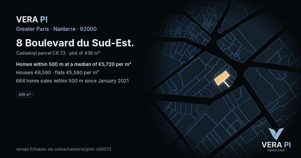 8 Boulevard du Sud-Est, Nanterre at night – the plot lit, the parcels around coloured by the prices near them