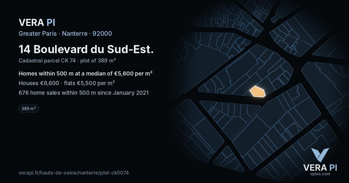 14 Boulevard du Sud-Est, Nanterre at night – the plot lit, the parcels around coloured by the prices near them